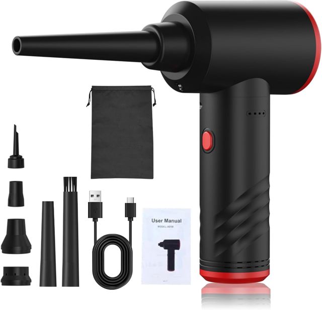 Plumeau électrique Haute Vitesse, Souffleur D'air sans Fil 6000 MAh avec 3 Vitesses Réglables, Lumière LED, Autonomie de 28 Minutes pour le Nettoyage de L'ordinateur, (AD38 Noir Version