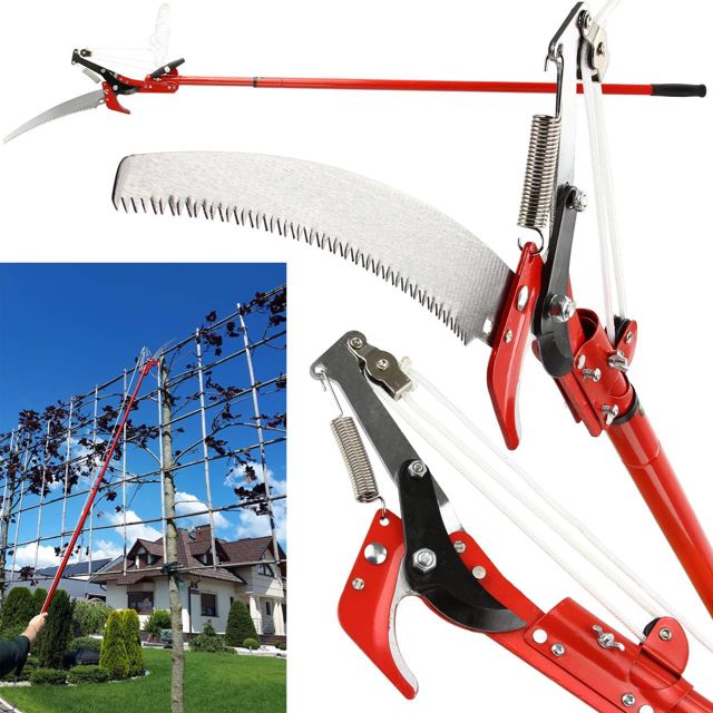 Sécateur télescopique 170-275 cm avec scie 35 cm, lames en acier dur, levier à corde, système télescopique renforcé, idéal pour couper les branches hautes, buissons, vis et arbres sans échelle