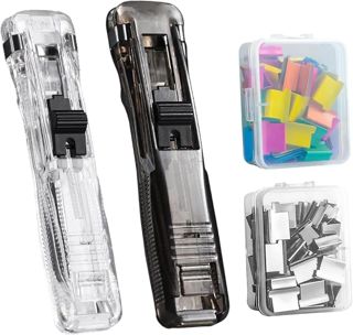 2 Pièces Clam Clip Dispenser, Distributeur de Pinces Réutilisable Portable, Agrafeuse à Pince Sans Agrafes, avec 100 Clips Métal Inox pour Documents, Bureau, École, Maison (B)