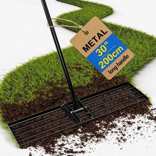 Râteau de nivellement de pelouse, 76 cm x 25 cm, niveleur en métal robuste avec manche ergonomique de 200 cm, outil de jardinage pour lisser et niveler les surfaces inégales de pelouse