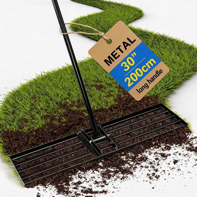 Râteau de nivellement de pelouse, 76 cm x 25 cm, niveleur en métal robuste avec manche ergonomique de 200 cm, outil de jardinage pour lisser et niveler les surfaces inégales de pelouse