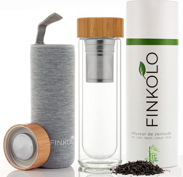 Bouteille Isotherme à Infusion en Verre - Thermos Infuseur à Thé, Café - Gourde à Jus de Fruit - Borosilicate Double Paroi avec Filtre en Acier Inox, Couvercle en Bambou, Housse - 420 ml