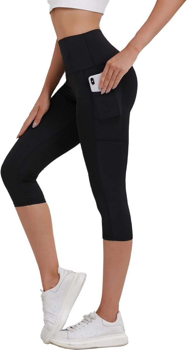 Merlvida Legging 3/4 Femme Taille Haute Pantalon Sport Capri avec Poches Pantacourt Été Extensible Opaque Leggings Court Push Up Cyclisme Yoga Fitness