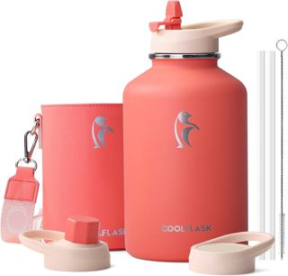 Coolflask Bouteille d'eau 2L isolée avec manchon en cuir PU, bouteille d'eau en acier inoxydable, couleur contrastée avec couvercle en paille, maintien au froid 48h, maintien au chaud 24h, Orange
