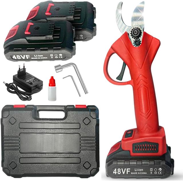 Sécateurs électriques avec 2 batteries de 48V et mallette, cisailles portables professionnelles – Découpe précise et assistance batterie immédiate (Rouge)