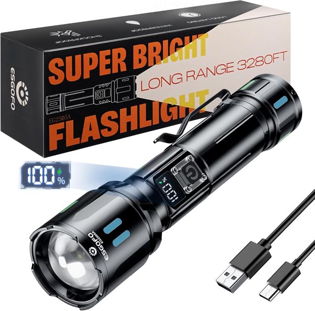 Esgofo Lampe Torche LED Ultra Puissante 1000000 Lumens Zoomable 3 Modes 15H