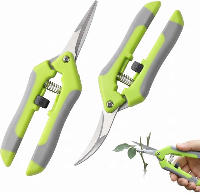 Lot de 2 Sécateurs de Jardin, Sécateur à Lame Courbée et Ciseaux de Jardinage à Lame Droite pour Plantes, Fleurs, Bonsaïs et Branches, Outillage de Jardin Ergonomique, Vert