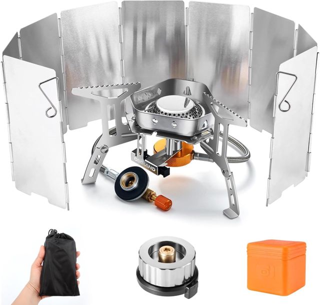 Odoland Réchaud de Camping à Gaz 3500 W, Brûleur Camping, Poêle Ultra-Léger Cuisinière Extérieur Pliable, Coupe-Vent et avec Allumage Piézo-électrique pour Camping/Randonnée/Pique-Nique, 4 en 1