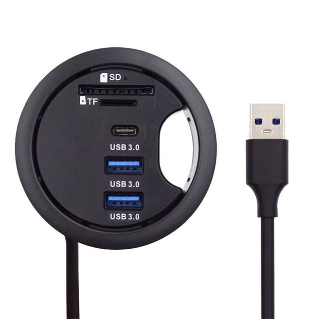 xiwai Hub USB 3.0 USB-C à 2 ports USB de 60 mm avec œillet pour bureau, station d'accueil pour écouteurs, microphone et audio pour PC de bureau