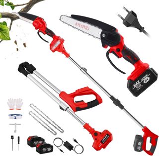 Mini Tronçonneuse à Batterie 2-en-1, Sécateur Electrique sans Fil 8 Pouces avec Perche Pliable 180cm, Tronçonneuse sur Batterie 2x2000mAh, Elagueuse Batterie pour Jardin et Taille d'arbres