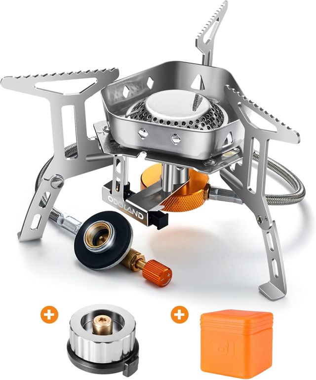 Odoland Réchaud de Camping à Gaz 3500 W, Brûleur , Poêle Ultra-Léger Cuisinière Extérieur Pliable, Coupe-Vent et avec Allumage Piézo-électrique pour Randonnée/Pique-Nique, Boîte Rouge