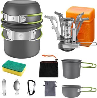 AUTOPkio Kit de Casserole Camping, Batterie Cuisine Camping avec Mini Réchaud Gaz Ultraléger Aluminium Camping Poêlé pour 1-2 Personne Pêche/Survie/Randonnée/Outdoor/Pique-Nique