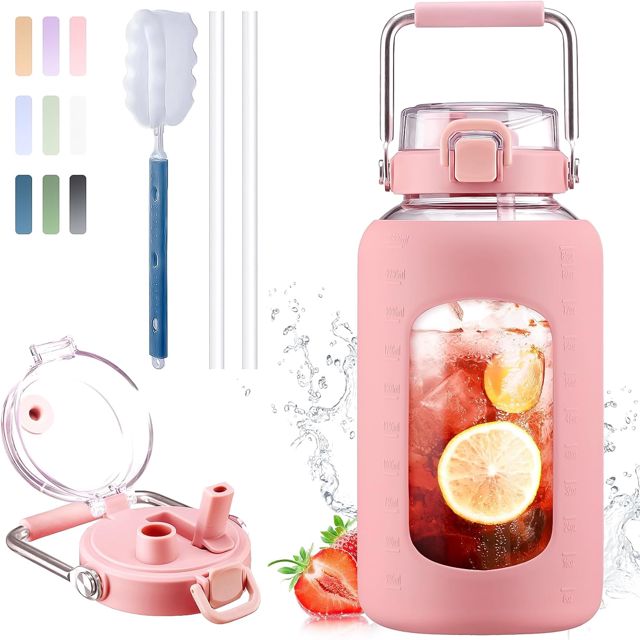 BLUEGO 2500ml Bouteille d'eau en verre avec poignée en acier inoxydable 2,5L Grande Gourd avec marqueurs de temps et manchon en silicone Carafe à eau Sans BPA pour sport, Bleu