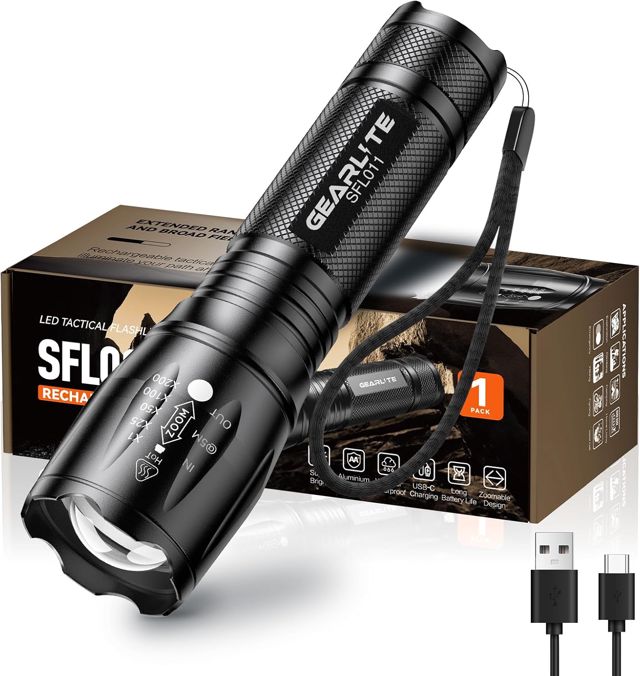 GEARLITE Lampe torche rechargeable, 2 000 lm zoomable avec 3 modes, longue durée, étanche IP65, lampe torche LED super lumineuse pour camping, randonnée, urgences, cadeau pour homme, papa, lui