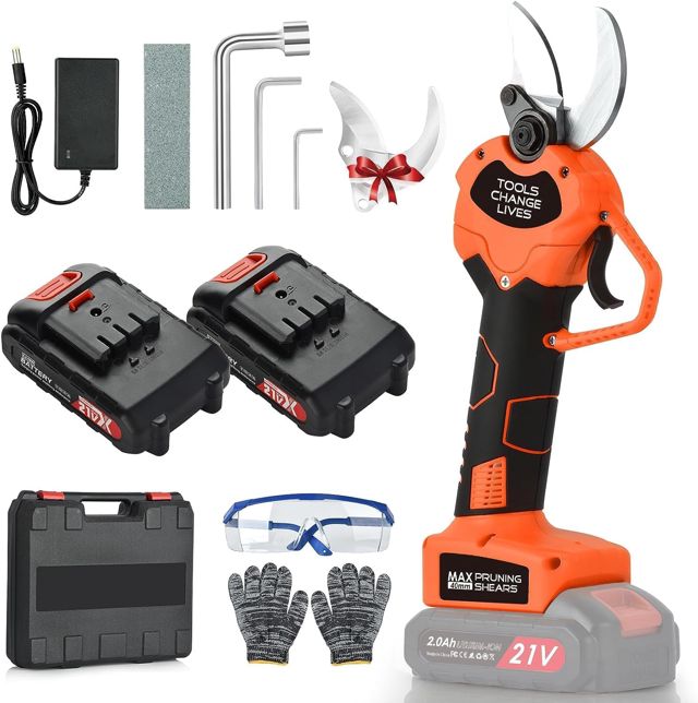 Sécateur électrique - Sécateur électrique professionnel 40 mm avec 2 batteries 21 V/2000 mAh - Sécateur sans fil pour jardinage, vigne, arbre fruitier (red)