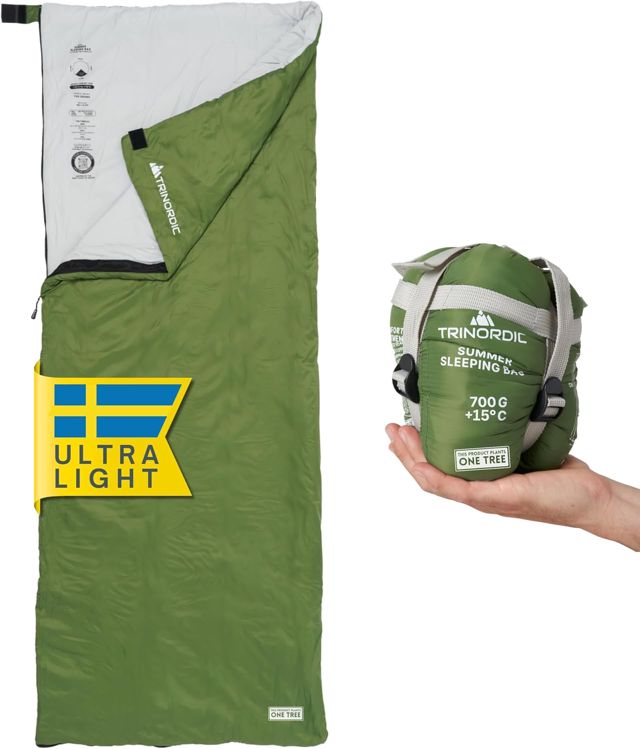 Trinordic Sac de Couchage Rectangulaire Ultraléger – avec Fermeture Éclair Anti-Coincement – Sac de Couchage Adulte d'Été Compacts – Camping, Randonnée, Trekking, Bikepacking et Voyage