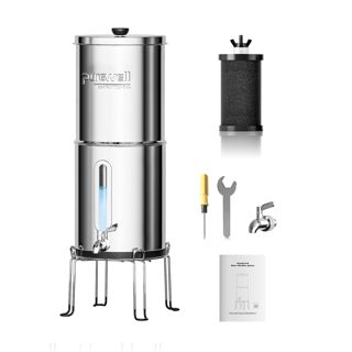 Purewell Filtre à Eau par Gravité Portable 3,8L - Système de Filtration à 3 Étapes 0,01 μm avec Fenêtre de Niveau d'Eau et Support, Réduit 99% du Chlore - Pour Camping, Camping-Car et Maison