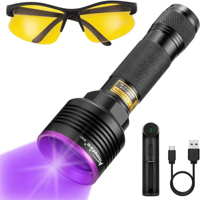 Alonefire SV41 10W Lampe Torche UV LED 395nm Rechargeable Lampe Ultraviolet Lumiere Noire Détecteur D'urine pour Resine, Pêche, Scorpion, Minéraux avec Lunettes de Protection UV, Chargeur, Batterie