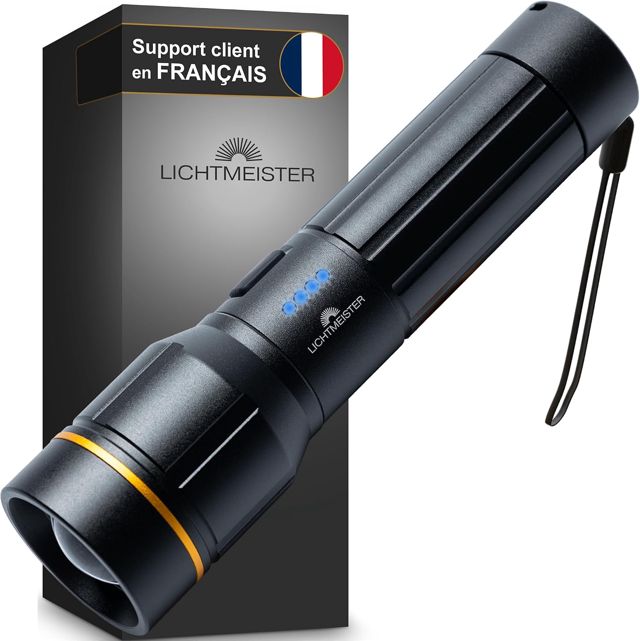 LICHTMEISTER® Lampe torche led ultra puissante (2000 lumens, batterie 5000 mAh) - Lampe torche LED rechargeable - Lampe de poche - Lampe LED rechargeable