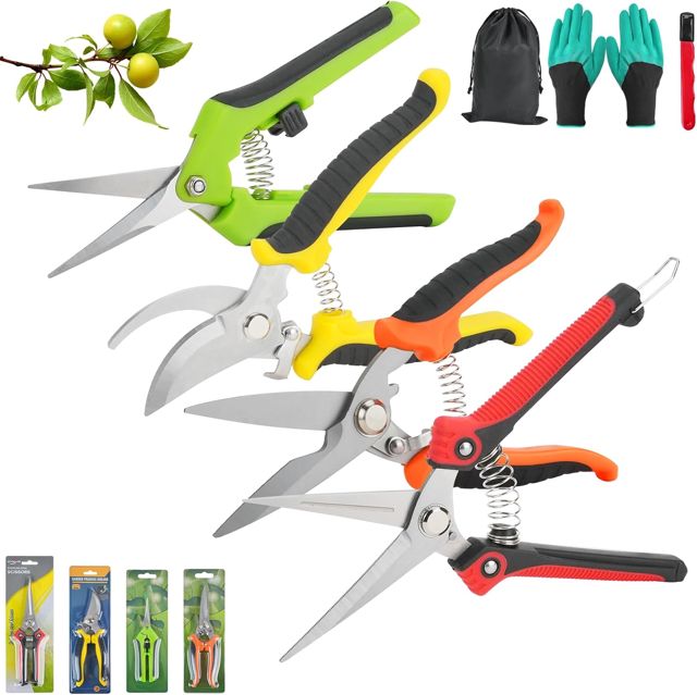 Secateur de Jardin 7 Pièces, Sécateur en Acier Inoxydable, 4 Sécateurs avec 1 sac de rangement, 1gants, 1pierre à aiguiser, Secateur Fleurs pour Branche, Fleur et Fruits, Broussailles