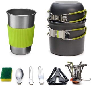 Queta Multi-PCS Kit de Cuisine de Camping, 1-2 Personnes Kit de Casseroles et Poêles Ultra-léger Compact Durable Extérieur Cookware pour Camping Randonnée Pique-Nique Pêche avec Réchaud et Une Tasses