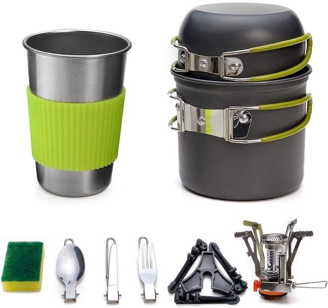 Queta Multi-PCS Kit de Cuisine de Camping, 1-2 Personnes Kit de Casseroles et Poêles Ultra-léger Compact Durable Extérieur Cookware pour Camping Randonnée Pique-Nique Pêche avec Réchaud et Une Tasses