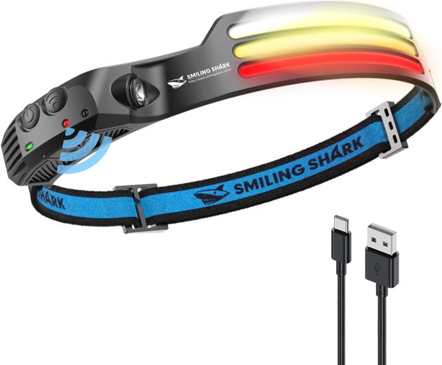 Smiling Shark Lampe Frontale, 230°Angle Large 3*LED Bandes Lumineuses Blanches la Headlight Rechargeable avec Capteur de Motion Étanche pour le Camping la Randonnée, Lampe-Frontale-LED-Camping-Light