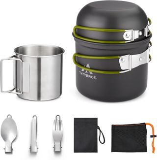 Set de Cuisine de Camping & Randonnée – Casserole 1,25 L, Poêle 0,65 L et Tasse INOX SUS304 – Set de Cuisine Léger et Robuste avec Couverts pour Bivouac, Trekking, Picnic et Solo Camping