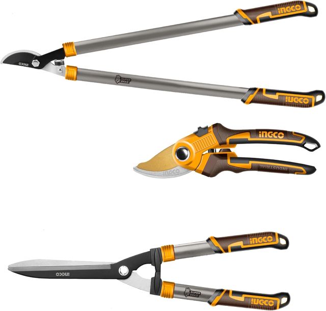 INGCO HLT76033 Set de Jardinage 3 Pièces Professionnel | Sécateur, Cisaille à Haie et Coupe-Branches en Acier SK5