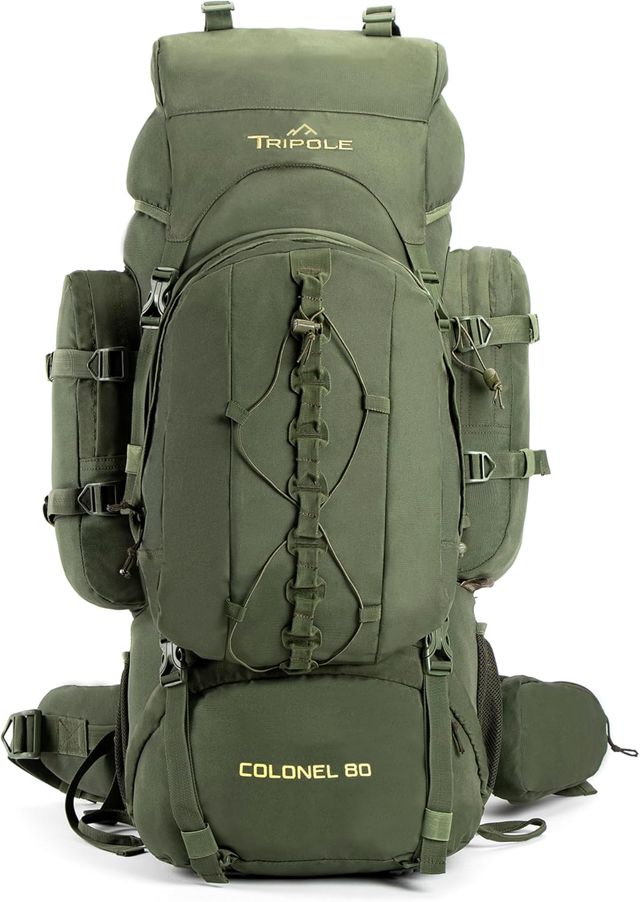 Tripole Colonel Sac à Dos 95L Voyage & Randonnée avec Sac de Jour Amovible 12L – Pour Femmes et Hommes, Sac à Dos Étanche avec Cadre Interne et Housse de Pluie, Camping & Trekking – Vert Militaire