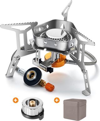 Odoland Réchaud de Camping à Gaz 3500 W, Brûleur Camping, Poêle Ultra-Léger Cuisinière Extérieur Pliable, Coupe-Vent et avec Allumage Piézo-électrique pour Camping/Randonnée/Pique-Nique, Boîte Grise