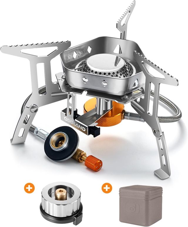 Odoland Réchaud de Camping à Gaz 3500 W, Brûleur Camping, Poêle Ultra-Léger Cuisinière Extérieur Pliable, Coupe-Vent et avec Allumage Piézo-électrique pour Camping/Randonnée/Pique-Nique, Boîte Grise