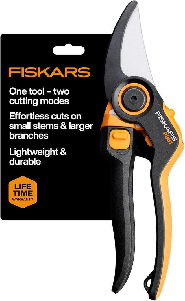 Fiskars DualAction – Sécateur manuel avec deux modes de coupe, sécateur de jardin bypass pour tiges et branches jusqu'à 2,5 cm, lame en acier à faible friction, cadre en fibre de carbone