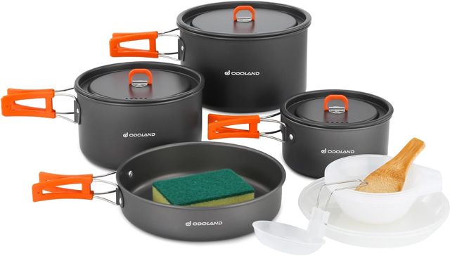 Odoland Set de Casseroles de Camping 15 Pièces, Set de Vaisselle Outdoor avec 3 Casseroles et Poêle à Frire, Kit de Casseroles en Aluminium pour Outdoor Pique-Nique, 4-5 Personnes
