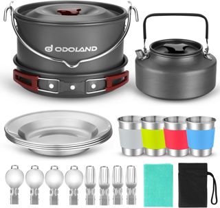 Odoland Multi-PCS Kit de Casseroles Camping, Ustensiles de Cuisine À Suspendre en Alliage d'Alu, Légère, Durable et Compact avec Tasse, Fourchette et cuillère pour Randonnée/Outdoor/Pique-Nique