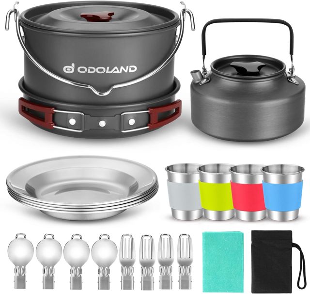 Odoland Multi-PCS Kit de Casseroles Camping, Ustensiles de Cuisine À Suspendre en Alliage d'Alu, Légère, Durable et Compact avec Tasse, Fourchette et cuillère pour Randonnée/Outdoor/Pique-Nique