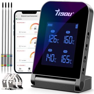 Bluetooth Thermomètre à Viande avec 4 * Sonde, 2 * Pince de Sonde et Batterie Li Rechargeable Conception de Crochet Caché, Grill Thermomètre avec Minuteur pour Barbecue, Cuisine, Four
