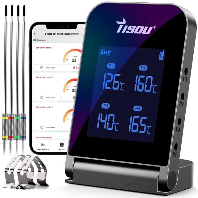 Bluetooth Thermomètre à Viande avec 4 * Sonde, 2 * Pince de Sonde et Batterie Li Rechargeable Conception de Crochet Caché, Grill Thermomètre avec Minuteur pour Barbecue, Cuisine, Four
