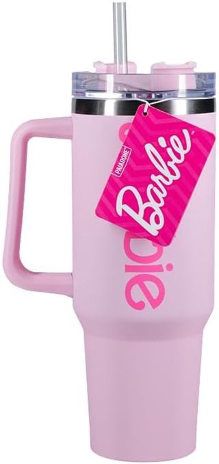 Paladone Barbie Bouteille H2O sous licence officielle avec logo rose, gobelet isotherme en acier inoxydable avec couvercle et paille pour eau, thé glacé ou café