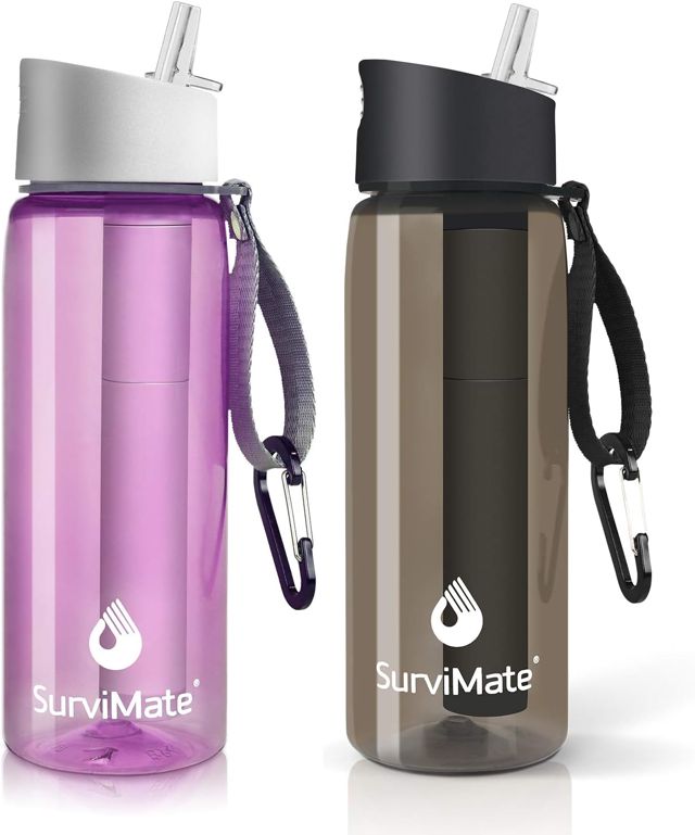 SurviMate Bouteille d'eau purifiée pour le camping, la randonnée, les voyages, sans BPA avec paille filtrante intégrée à 5 étapes