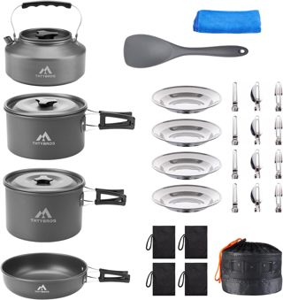 THTYBROS – Kit de Cuisine Camping 27 pièces Portable pour 2-4 Personnes, avec Bouilloire, casseroles Anti-adhésives et Accessoires INOX