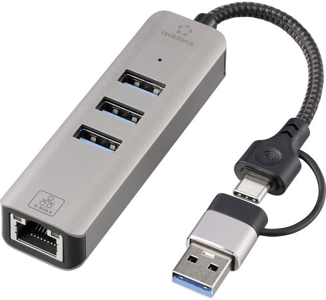 Renkforce RF-6856046 Hub USB 3 Ports USB-A, RJ45 USB 3.2 Gen1 5 GBit/s avec Port réseau intégré Gris RF-EAWH-300