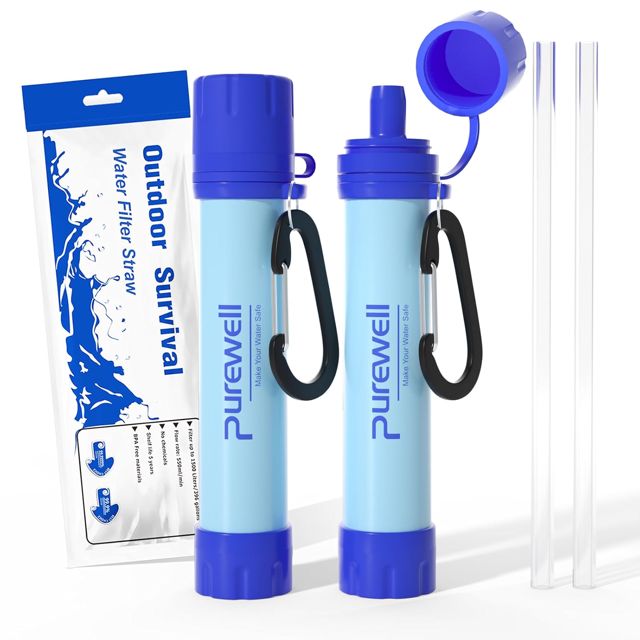 Purewell Paille Filtrante à Eau Survival - Filtre Portable 0.01 Micron Élimine 99.99% Bactéries - Avec Mousqueton - Pour Randonnée Camping Urgence - Durée de Vie 1500L Sans BPA