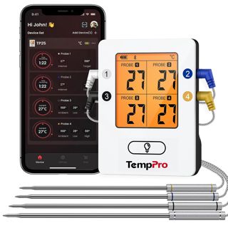 ThermoPro TempPro TP25H2 Thermomètre de Cuisine avec Minuterie et Fonction d'Alarme, 150 Mètres Reçoit Bluetooth, Thermomètre Viande Double Sondes Rechargeable, pour BBQ, Viande, Grille, Four