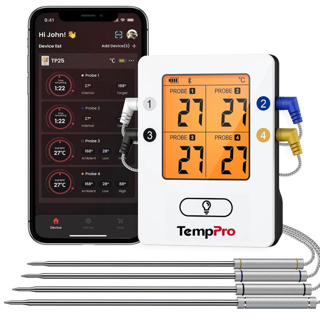 ThermoPro TempPro TP25H2 Thermomètre de Cuisine avec Minuterie et Fonction d'Alarme, 150 Mètres Reçoit Bluetooth, Thermomètre Viande Double Sondes Rechargeable, pour BBQ, Viande, Grille, Four