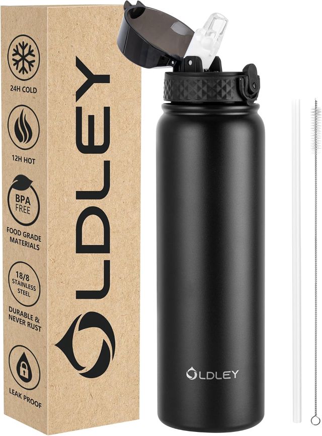 OLDLEY Bouteille d'eau en Acier Inoxydable avec Paille 1L Isotherme Sous Vide Grande gourde en Métal Étanche Garder les Boissons au Chaud et au Froid pour Vélo Camping Sports Gym Adulte Femme Homme