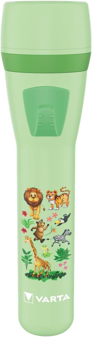 VARTA Kids Lampe Torche, Alimenté par batterie incl. 2x pile AA, conception de la jungle, compartiment à piles à l'épreuve des enfants et verre de protection des yeux, boîtier robuste