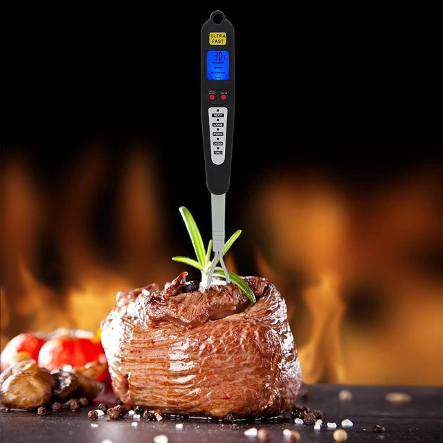 Annadue Thermomètre Numérique pour Barbecue à Viande, Fourchette de Cuisson à Affichage LED à Double Sonde à Lecture Instantanée, Fourchette à Thermomètre pour Four à Griller et Cuisine