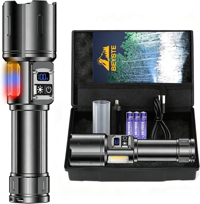 Lampe Torche LED Ultra Puissante, 1000000 Lumens, COB Latéral, Zoom