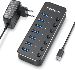 RSHTECH Hub USB C Alimenté, USB C to 7 Ports USB 3.0 Hub, RSH-518C